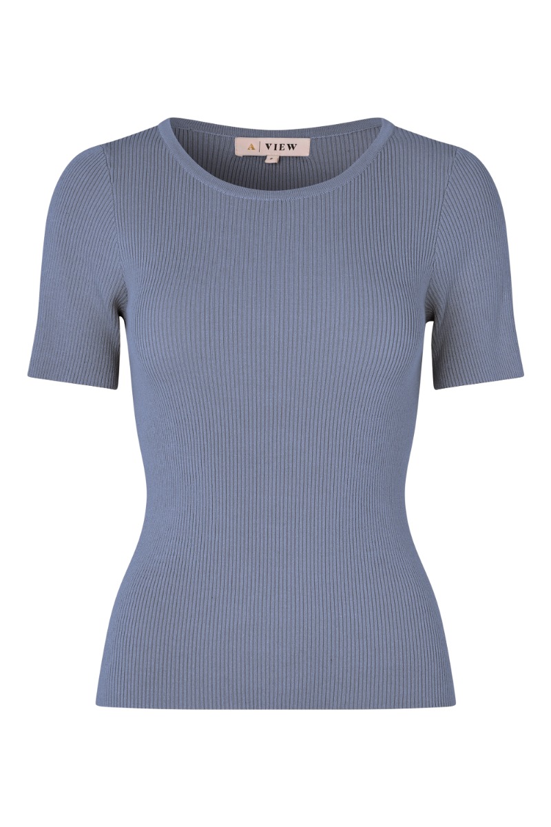 A View    T Shirt   Rib Knit Short Sleeve Top   Dusty Blue fra A-view