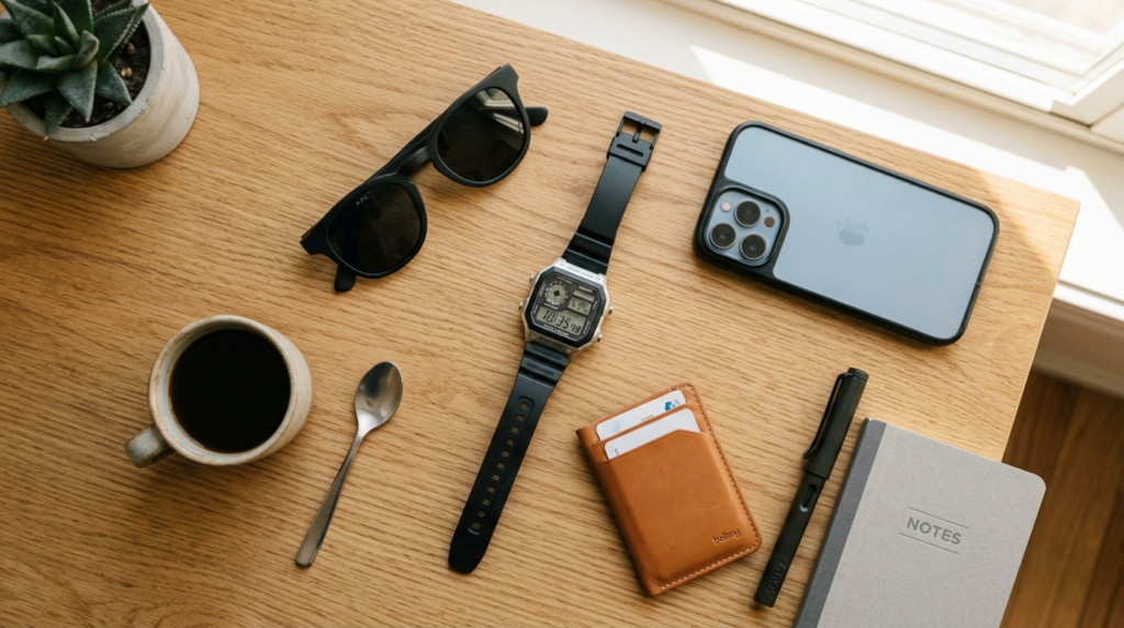 Lifestyle flatlay photography of a CASIO digital watch on a