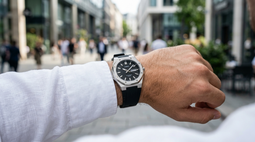 Close-up detail shot of a CASIO analog watch on a mans wris