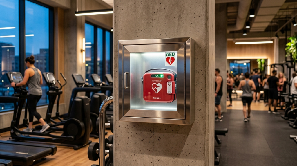 Close-up photorealistic shot of an elegantly designed AED ca