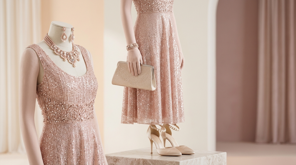 Close-up detail shot of an elegant womans evening outfit co