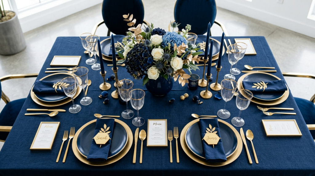Overhead styling shot of a modern themed party table setting
