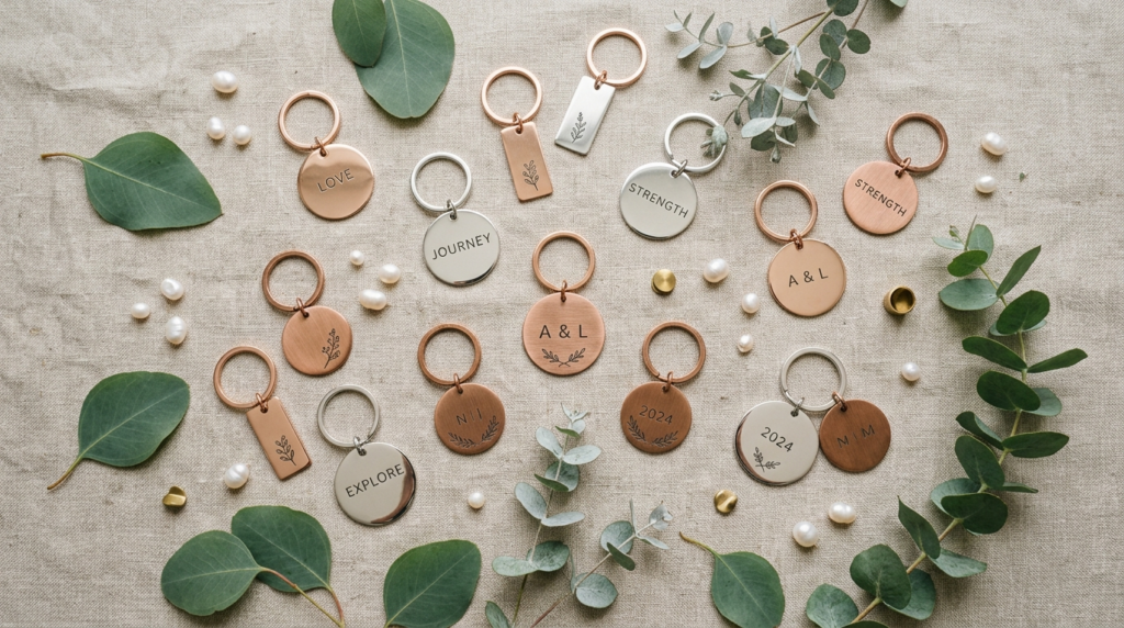 Overhead flat lay composition of artisanal engraved keychain