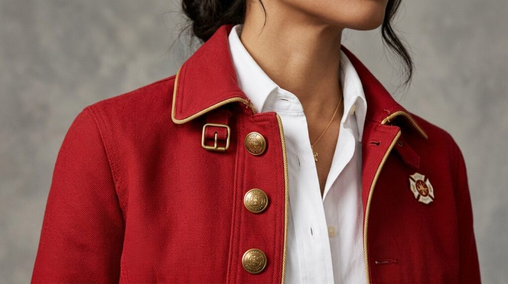 Close-up fashion detail shot of a firefighter costume styled