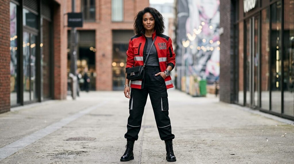 Full-length fashion lookbook style image of a confident woma