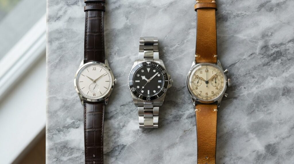 Flat lay composition of three luxury mens watches with diff