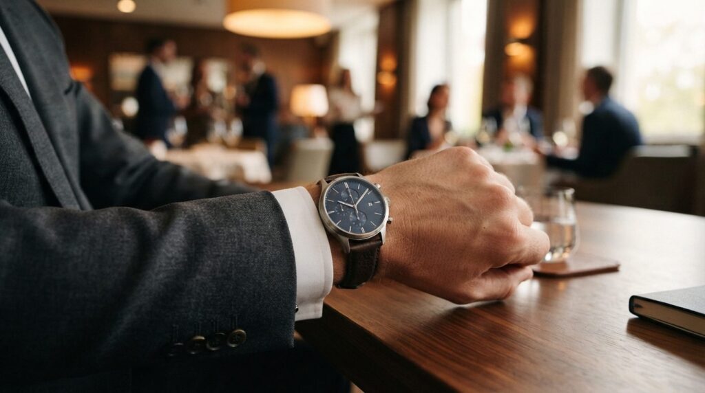 Close-up detail shot of a mans wrist wearing a sophisticate
