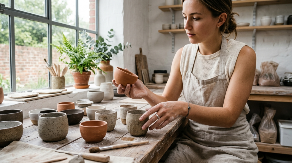 Close-up of a young woman ceramicists hands carefully selec