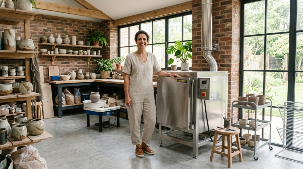 Wide shot of a contemporary ceramic kiln in a bright, minima
